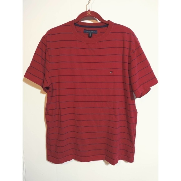 Tommy Hilfiger t-shirt red with dark blue pin stripes men size large - Picture 1 of 3